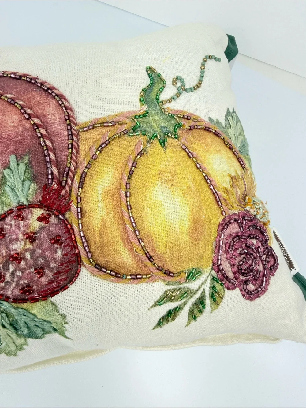 Gardeners Eden Cream Green Pumpkin Fall Print Soft Woven Beaded Accent Pillow